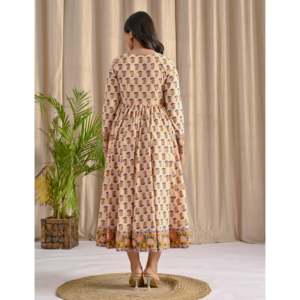 Robe longue Angrakha rose crème imprimée avec jupe évasée, vêtements indiens et pakistanais - Product Image 6