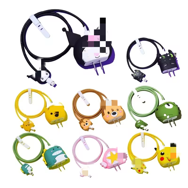 4 in 1 for iPhone 18W 20W Fast Charging 3D Cute Cartoon Silicone Cable Protector US EU Head case Cover Charger Cable Protector