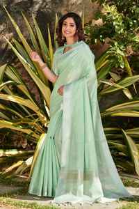 Diwali Collection nouvelle variété élégance dressing tendance pur tissu lin Saree avec chemisier avec argent Zari tissage à vendre - Product Image 4