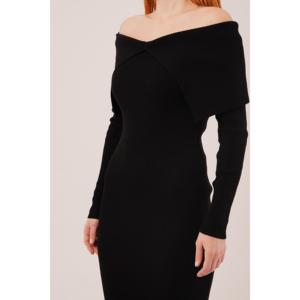 Vestido Midi con Hombros Descubiertos al por Mayor, Cómodo, de Punto Negro con Cintura Natural - Product Image 4