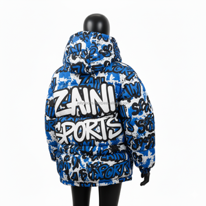 Chaqueta acolchada para mujer, tela de poliéster de primera calidad, estampado de grafiti azul y blanco, estilo callejero, chaqueta bordada con logotipo personalizado para mujer - Product Image 5