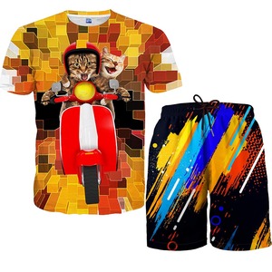 Ensemble T-shirt et short assorti en coton mélangé, décontracté, confortable, léger, pour l'été, tenue en deux pièces - Product Image 1