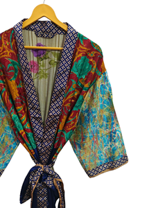 ชุดกิโมโนผ้าไหมส่าหรีลายดอกไม้แนววินเทจชุดคลุมส่าหรีชุดปาร์ตี้ชายหาดผ้านุ่มทำมือสไตล์อินเดีย - Product Image 3