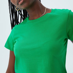 Venta al por mayor 100% algodón moda mujer cuello redondo media manga verano estampado diseño Crop Tops logotipo personalizado camisetas en blanco ecológico - Product Image 2