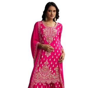 Ensemble Palazzo Brodé Rose à Chinon Vente en Gros de Vêtements Ethniques OEM pour Femmes Usine Fournisseur en Vrac Fabricant de Mode Personnalisé - Product Image 4