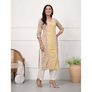 Yellow Floral-<b>Printed</b> Straight Kurti Traditional Indian Ethnic Cotton Butti <b>Block</b> Stitched for Daily Wear Parties Made Rayon - Product Image 5