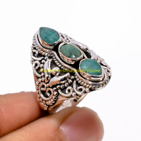 Bague statement en argent sterling 925 avec triple pierre verte en filigrane vintage faite à la main pour femmes, unisexe, cadeau de Noël pour lui