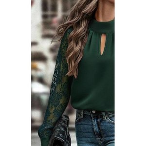 Blusa Sandy de Manga Larga para Mujer con Detalle de Ventana en el Busto, Cuello Alto y Mangas de Tul, 31670 - Verde - Product Image 2