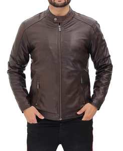 Veste de mode motard personnalisée de haute qualité pour hommes en cuir véritable veste respirante de style classique de moto marron col montant - Product Image 1