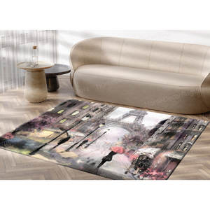 Tapis en laine Cityscape avec motif patchwork, femme et peinture de la Tour Eiffel, support en latex, écologique, poils doux - Product Image 1