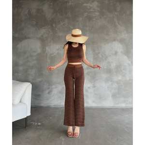 Pantalones a rayas de cintura alta con cintura elástica, pantalones informales transpirables de pierna ancha - Product Image 1