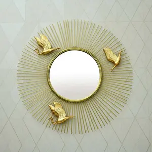 Desain laris cermin dinding besi bentuk bulat bingkai emas cermin dinding dekoratif burung untuk Dekorasi Rumah & Hotel