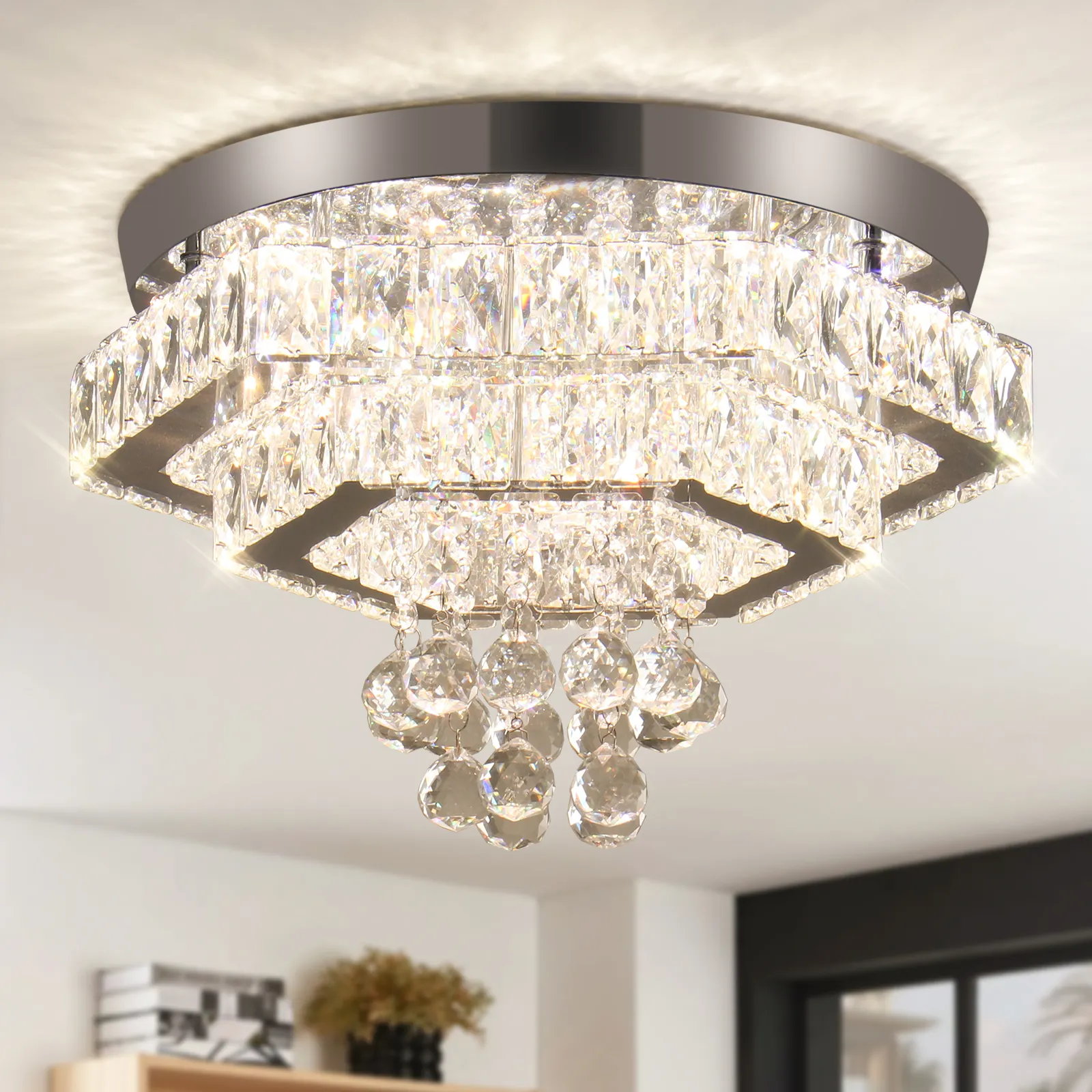 Modern Crystal Chandeliers LED Flush Mount Ceiling Light Fixtures 3 Color Change Chandelier for Dining Room Bedroom