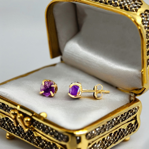 5-7mm Genuine Raw <b>Amethyst</b> Gemstone <b>Stud</b> <b>Earrings</b> Classic Style 925 Sterling Silver Jewelry Gold Finish February Birthstone Gift - Product Image 3