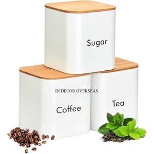 Cajas de almacenamiento de granos de café de azúcar y hojas de té hechas de Metal de calidad superior con recubrimiento en polvo de Color blanco con tapa superior de madera - Product Image 1