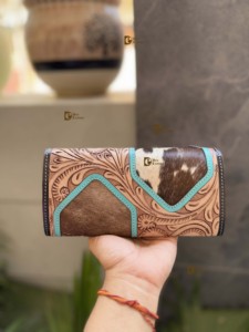 Cartera de mano de piel de vaca occidental, billetera tallada a mano, cuero de Color turquesa Vintage, tarjetas de crédito, billetera en efectivo, regalos - Product Image 3