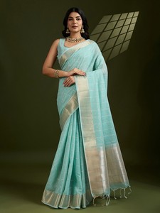 Premium Tissue Linen Silk <strong>Saree</strong> With Fancy Thread Weaving Border and All Over Weaving Pattern Running <strong>Blouse</strong> Piece - Product Image 3