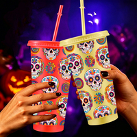 Gobelet en plastique réutilisable de 24 oz pour fête d'Halloween avec couvercle et paille, motif fantôme, crâne, citrouille, pour cadeaux de fête ODM