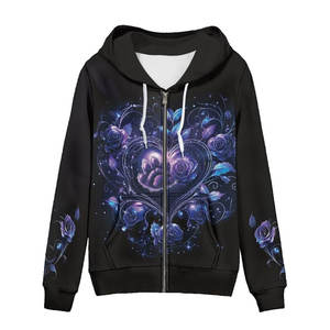 Sudadera con Capucha Galaxy Winter Terry con Estampado de Huellas de Pata Floral, Diseño de Corazón Rosa Morado, Felpa de Alta Calidad, Frente Blanco, Cordón Ajustable, Bolsillos Tipo Canguro - Product Image 1