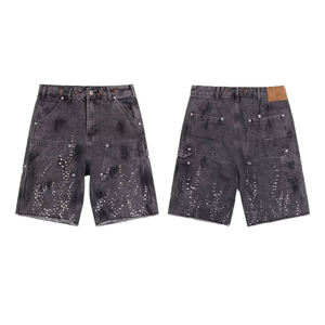<b>High</b> Quality Trendy Custom Double Knee Distressed Vintage Acid Wash Baggy Rhinestone <b>shorts</b> Denim <b>Jeans</b> <b>Shorts</b> For Men - Product Image 6