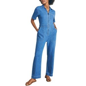 Mono de Mezclilla para Mujer, Manga Corta, Cierre Frontal, Corte Holgado, Estilo Utilitario, Uso Diario Informal, Diseño de Tela Cómoda y Duradera - Product Image 1