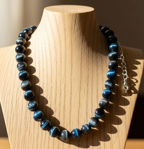 Collar con cuentas de ojo de tigre azul de 18 pulgadas para mujer, plata 925, oro de 14 quilates, diseño anudado a mano, accesorio de joyería de moda para regalo - Product Image 1