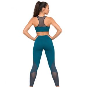 Women’s Teal High Waist Activewear <b>Leggings</b> and <b>Mesh</b> Panel Sports Bra Workout Set - Product Image 2