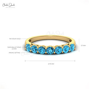 Bague demi-éternité tendance en or massif 14 carats avec topaze bleue suisse naturelle taille brillant 3 mm, bijoux de mariage en gros pour mariée - Product Image 4