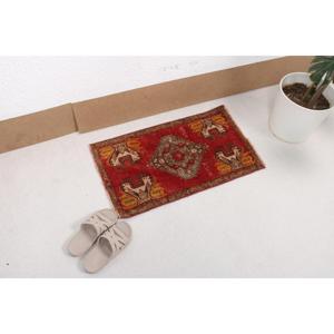 Turkish Small Rug 1.4x2.5 ft, Red <b>Yellow</b> Patchwork Rug <b>Wool</b> - Product Image 2