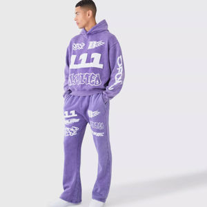 Vente la plus chaude lavage à l'acide pull hommes à capuche bas évasé pantalon lourd partout impression survêtements grande taille vêtements d'hiver - Product Image 3