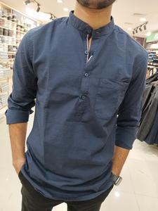 <b>Men's</b> Regular Fit Casual Short Kurta 100% Cotton Blend <b>Shirt</b> for Summer Solid Design Full Sleeve Casual Indigo <b>Blue</b> Kurta <b>Shirt</b> - Product Image 5