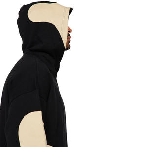 Top Trending <b>Men</b> <b>Black</b> Heavyweight Pullover <b>Hoodie</b> With Beige Applique Patches And Kangaroo Pocket For Sale - Product Image 3