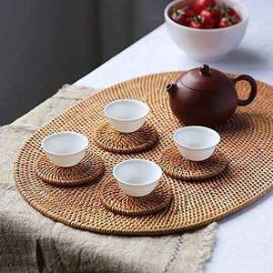 Juego de manteles individuales y posavasos ovalados de ratán tejidos a mano, tapete de mesa de comedor ecológico Natural, juego de té, decoración rústica - Product Image 3