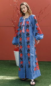 Robe en coton à manches longues et col en v brodé, vêtement de fête en coton, vente en gros - Product Image 2