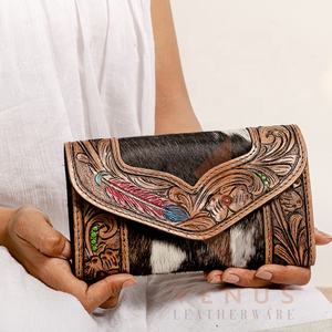 Style occidental fait à la main pour femmes peau de vache en cuir véritable Long portefeuille haut de gamme usiné sculpture conception doublure en Nylon couverture fermeture - Product Image 1