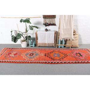 Tapis vintage Herki, tapis turc de 2,9 x 11,5 pieds, tapis persan en laine rouge - Product Image 3
