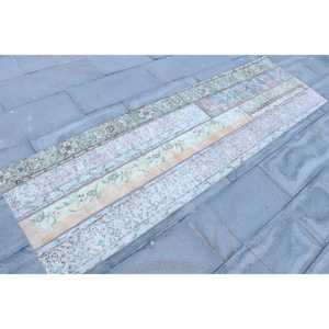 Alfombra Vintage, Alfombra Turca de 2.4x8.1 pies, Alfombra de Lana con Rayas Azules - Product Image 3