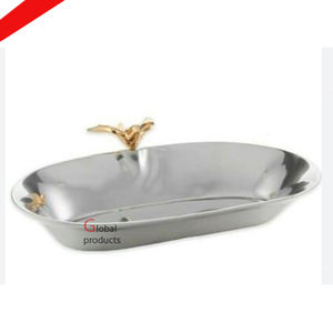 Plateau de service décoratif argenté de designer en métal de forme ovale pour la maison hôtel - Product Image 5