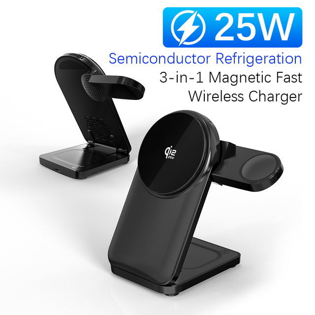 Foldable 3 in 1 Wireless Charger Stand 25W Fast Charging With Cooling Fan for iPhone 16 15 14 13 Apple Watch AirPods Pro