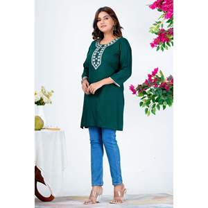 เสื้อเชิ๊ตปักลายแขน4th/ผู้หญิงสีเขียวเข้มเสื้อเบลาส์ใส่ทำงานลำลอง3ชิ้น - Product Image 4