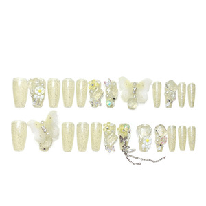 <span class=keywords><strong>Faux</strong></span> <span class=keywords><strong>ongles</strong></span> artificiels de luxe, <span class=keywords><strong>ongles</strong></span> artificiels jaunes avec charme de papillon et de fleur, faits à la main, à presser pour la <span class=keywords><strong>mariée</strong></span> - Product Image 5