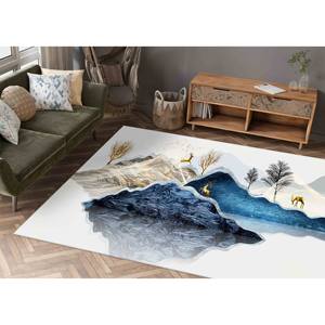 Alfombra con Diseño de Ciervos en Montaña Azul Marino y Blanco: Apta para Mascotas, con Pelo Suave - Product Image 2