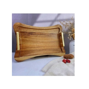 Wooden Serving Tray for Hotels and Restaurant Natural Color Wooden Coffee Tray With Gold Handle Wood Serving Tray - Product Image 1