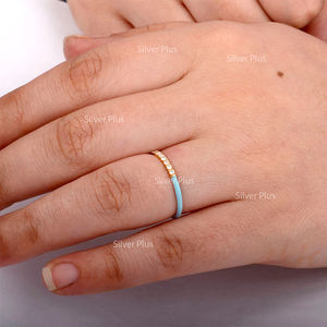 Haute qualité 18K or jaune massif demi émail turquoise et demi pavé diamant éternité bande Cocktail bague productible In10K/14K - Product Image 4