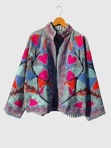 Veste à col mandarin brodée à la main avec motif géométrique, manches longues, style velours, design blouson pour adulte, idéale pour l'automne - Product Image 3