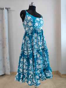 Robe longue en coton bleu ciel à fleurs, col en V, légère, respirante, élégante, confortable, imprimée à l'écran, pour l'été - Product Image 4