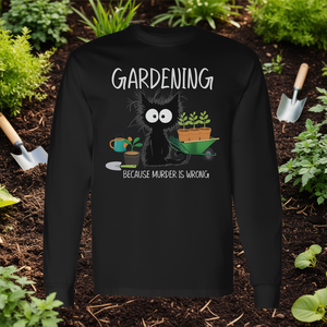 Maglietta a maniche lunghe da giardinaggio con gatto nero, promozionale, con stampa 'Because Murder Is Wrong', abbigliamento per giardinieri - Product Image 3