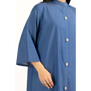 Camisa Larga de Sarga Teñida con Cuello Mandarín, Simplicidad Elegante - IPS-44808-A - Product Image 4