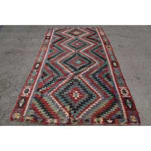 Tapis Vintage Kilim Rouge Vert Turc 5.5X9.4 pieds Grande Surface en Laine pour Entrée Couloir Rectangle Espace Patchwork Motif Latex - Product Image 1