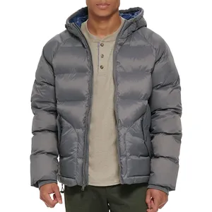 Veste d'hiver à capuche pour homme, rembourrage épais en polyester, fermeture éclair coupe-vent, style décontracté, couleur unie gris - Product Image 3